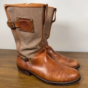 VTG Harley Davidson Boots Womens 11 Brown Leather Canvas Side Zip Biker Moto Y2K